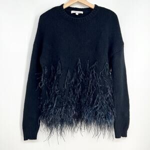 Elizabeth and James Feather Trimmed Sweater Womens XS Black Cotton Alpaca Blend